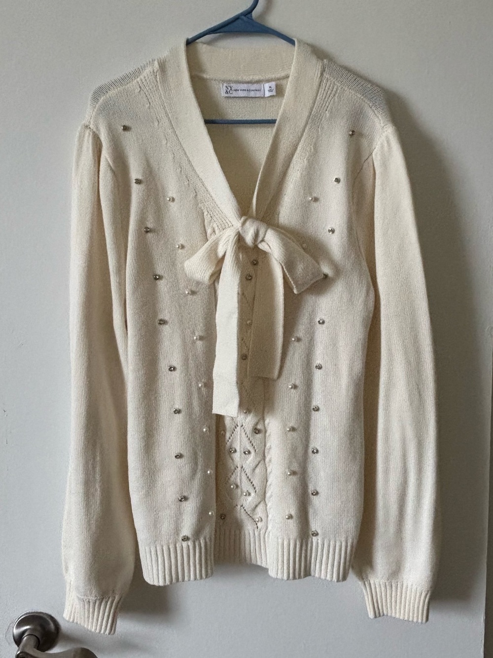 New York & Company Cream V-Neck Tie-Front Sweater with Bead Embellishments